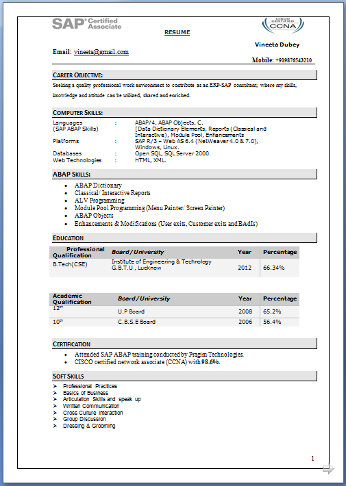 Sap abap 3 years experience resume format